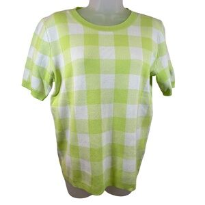 J. Crew Factory Green and White Checkered Short Sleeve Sweater Medium